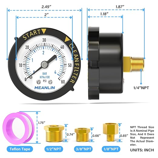 MEANLIN MEASURE 0~60Psi Plastic Frame 1/4" NPT Start and Clean Filter Pressure - Image 2