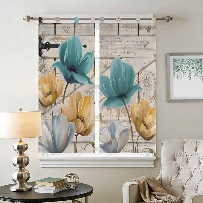 Watercolor Flowers Living Room Curtains 84 Inch Length, Window Curtains Tab Top - Image 2