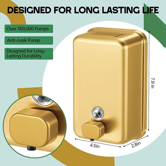 Maxdot 2 Pcs 37 oz/1100 ml Commercial Stainless Steel Soap Dispenser Wall Mount with Corrosion Proof Lining and Manual Anti Leak Pump for Home Bathroom Accessories Kitchen (Gold)
