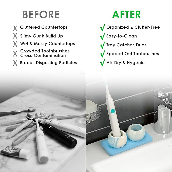 2 Pack Ceramic Toothbrush Holder with Diatomite Toothbrush Tray for Bathroom Shower Countertop Storage Organizer, Small Toothpaste Razor Electric Tooth Brush Head Stand (Blue)