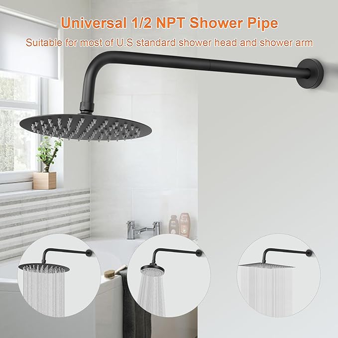 HarJue Shower Arm with Flange and Teflon Tape, Wall Mounted Shower Pipe 304 Stainless Steel Extension Arm for Fixed Shower Head & Handheld (24 Inch, Matte Black)