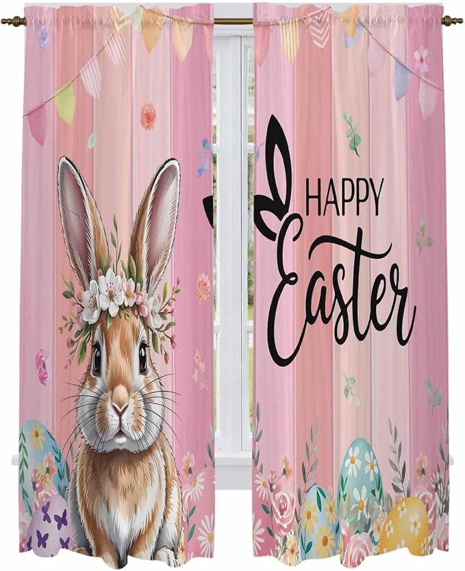 Easter Kitchen Curtains, Spring Rabbit Eggs Flowers Flags Leaves Wood Grain by Unknown