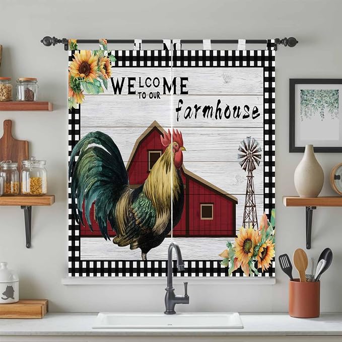 Farmhouse Rooster Bathroom Curtains 63 Inch Length, Window Curtains Tab Top - Image 3