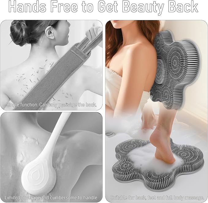 Shower Foot Scrubber Mat Silicone Back Exfoliating Cleaner, Feet Message Bath Washer Pad with Suction Cups for Wall Non-Slip - Itchy Toes Dead Skin Beauty Deep Clean Soft Bristles 14.2 * 11.2in Grey