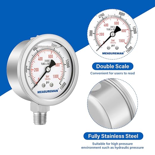 MEASUREMAN Fully Stainless Steel Hydraulic Glycerin Filled Pressure Gauge - Image 4