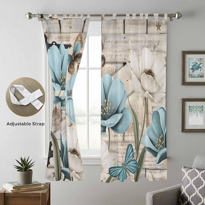 Teal Blue Tulips Living Room Curtains 96 Inch Length, Window Curtains Tab Top - Image 5