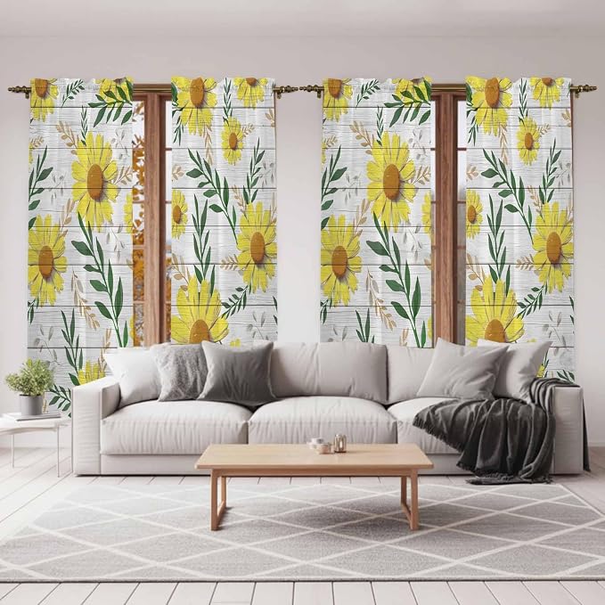 Yellow Daisy Kitchen Curtains, Farmhouse Country Flower Leaf Plant Wood Grain - Image 7