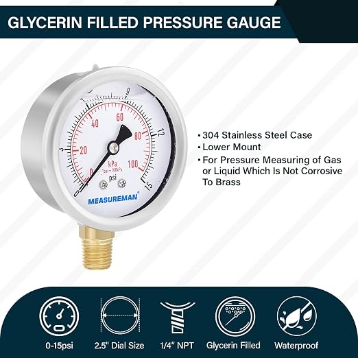 MEASUREMAN 2-1/2inch Dial Size, Glycerin Filled Pressure Gauge, 0-15psi/100kpa - Image 2