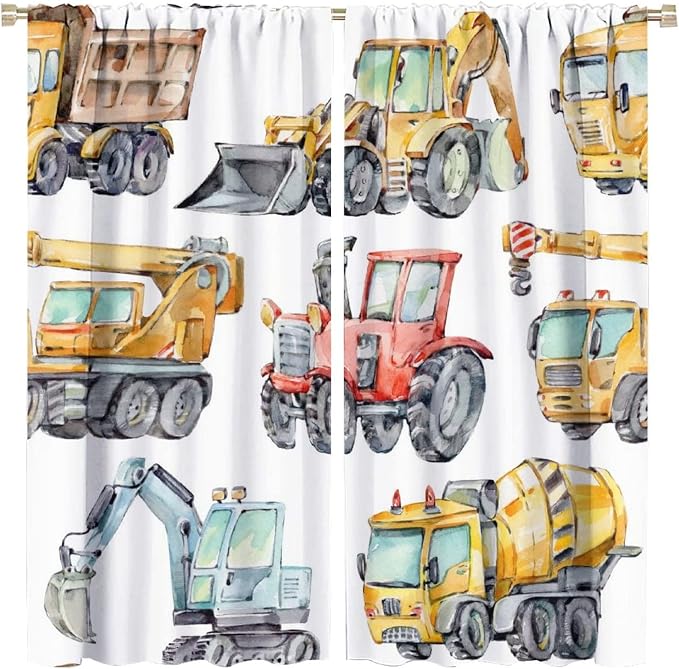 Kids Excavator Curtains, Retro Truck Tractor Machinery Construction Vehicle by SHElifestyle