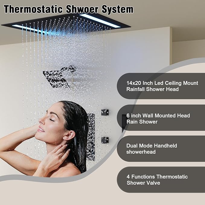 Thermostatic Shower System with 14x20 Inch Ceiling Mount LED Head & 6 Inch Wall Head and Handheld Shower 4 Function Vale with body jets Can All Run Together, Matte Black