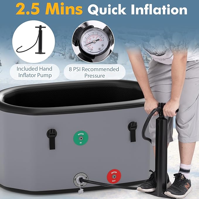 Goplus XL 129 Gal Oval Ice Bath Tub for Athletes, Inflatable Cold Plunge Tub w/Multiple Layered, Lid, Pump, Backpack, Water Chiller Compatible Portable Freestanding Ice Bath for Adults (Gray)