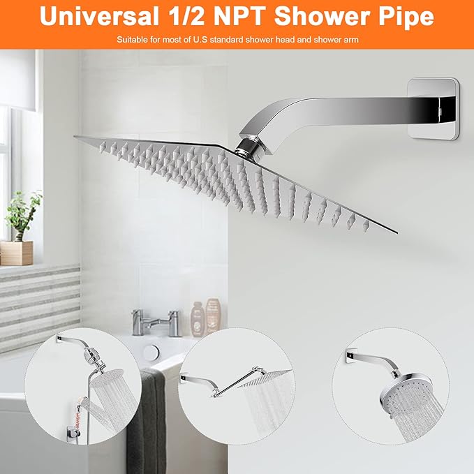 HarJue Shower Arm with Flange and Teflon Tape, Wall Mounted Square Shower Pipe 304 Stainless Steel Extension Arm for Fixed Shower Head & Handheld Shower (10 Inch, Chrome)