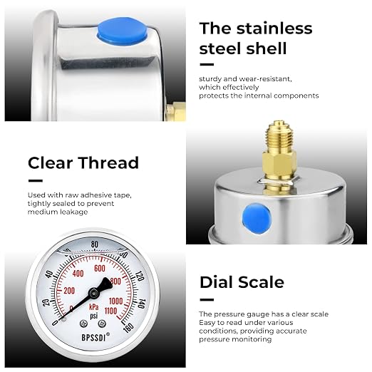 0-160 Psi Glycerin Liquid Filled Low Pressure Gauge, 2.5" Dial Size, 1/4" G - Image 7