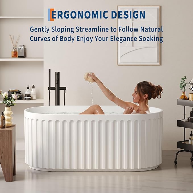 59"Acrylic Freestanding Bathtub, Modern Soaking Tub with Matte Drain and Overflow, Ergonomic Deep Design, Double-Walled Insulation, CUPC Certified, Easy Clean, Slip-Resistant