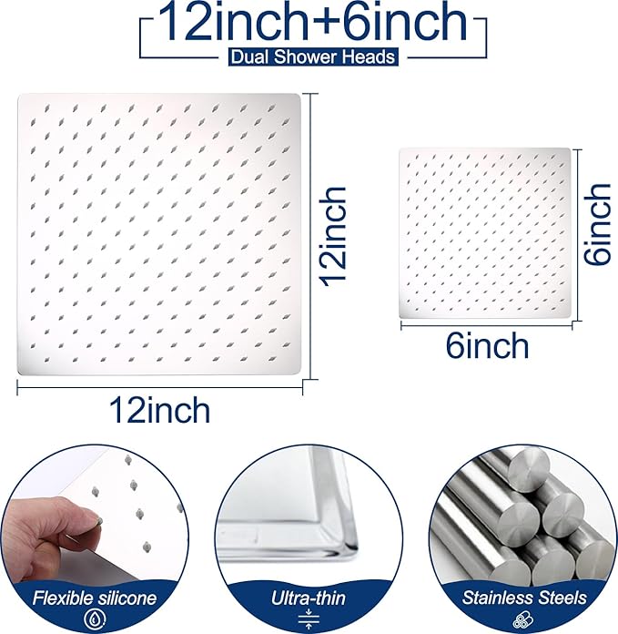 Shower System Dual Shower Heads with 12" Ceiling Mounted Rain Shower Head & 6" Wall Mounted Head Full Body Luxury Rain Shower System 3 Way Pressure Balance Valve Kit, Polished Chrome