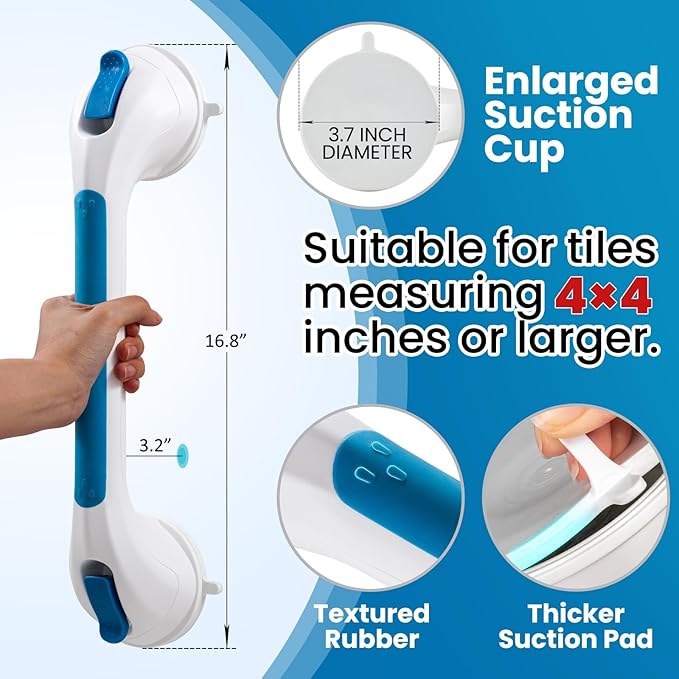 LEVERLOC Grab Bars for Bathtubs and Showers, Shower Handle 17 Inch Strong Suction Bath Handrails, Safety Grip for Bathroom Chair, Bathroom Grab Bar for Senior No Drilling Waterproof,Blue