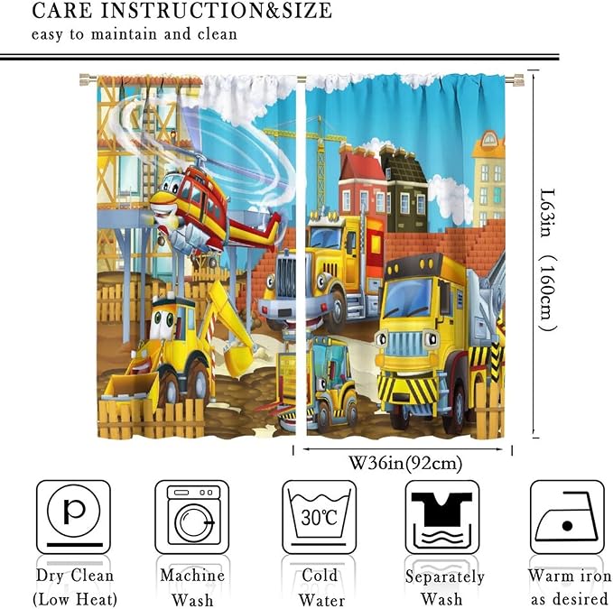 Kids Cartoon Construction Window Curtains, Funny Construction Site Cars and - Image 4