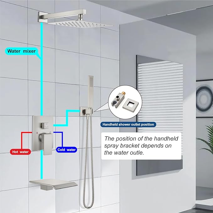 Midanya Rain Shower System with Tub Spout,Tub Shower Faucet Set with rainfall Shower Head and Handheld Spray,Wall Mount Tub Shower Combo Rough-in Valve Included,8 Inch Brushed Nickel