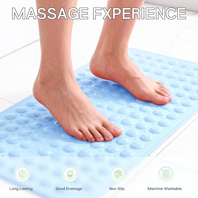 Anti-Slip Bathtub Shower mat, 27.5×14.5（Approximately 70×37cm） inch Soft Oversized Machine Washable Non-Slip Bathtub mat with Drainage Holes, Bathroom Floor Suction Cup.（1-Opaque Light Blue）