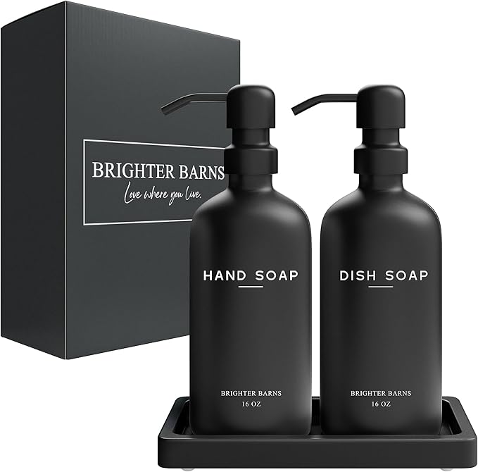Black Glass Hand and Dish Soap Dispenser Set by Brighter Barns - Kitchen Soap Dispenser Set with Tray for Home, Airbnb, Vacation Rental, Gift - Minimalist Home Decor, Modern Kitchen Decor (Black)
