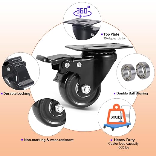 Swivel Caster Wheels 600lbs, 2 Inch Casters Set of 4, Heavy Duty - Image 5
