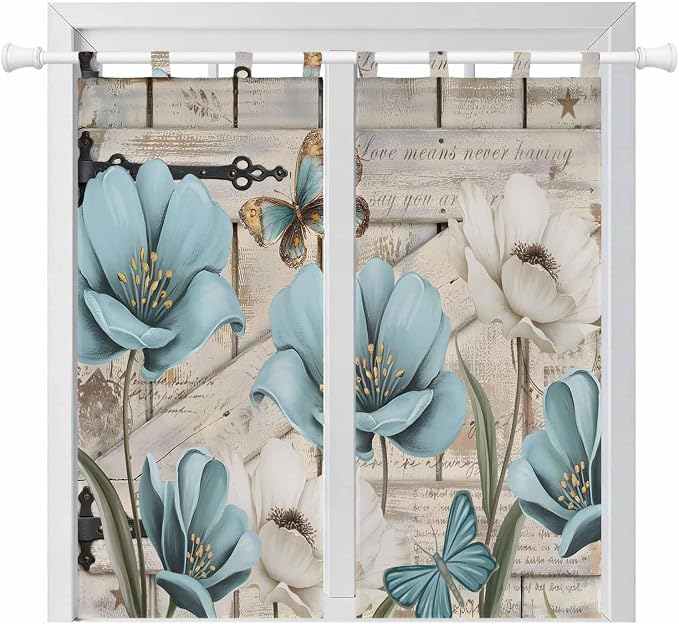 Teal Blue Tulips Bedroom Curtains 72 Inch Length, Window Curtains Tab Top by Unknown