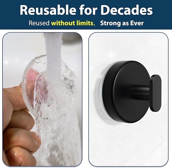 pickpiff Suction Cup Hooks for Shower: 15 LB Strong Wall Hanger for Bathroom, Front Door, Glass, Window, RV, Holder for Towel, Christmas Wreath, Coat, Loofah, Waterproof & Reusable, Black 6-Pack