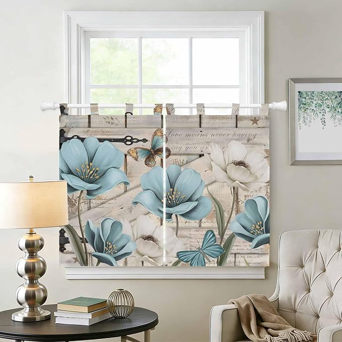 Teal Blue Tulips Bedroom Curtains 63 Inch Length, Window Curtains Tab Top - Image 2