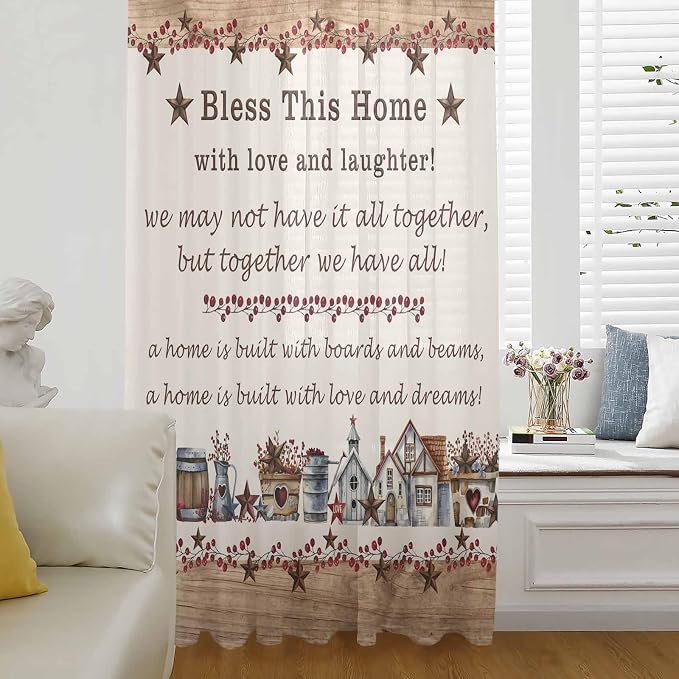 Farmhouse Sheer Curtains 45 Inch Length Country Star Barn Berry Brown Wood by Unknown
