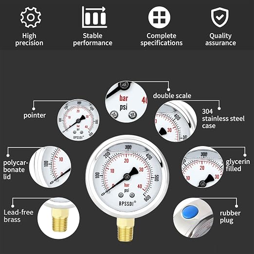0-200 Psi Glycerin Liquid Filled Low Pressure Gauge, 2.5" Dial Size, 1/4" NPT - Image 3