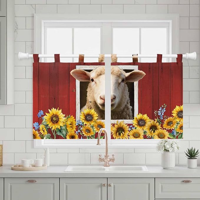 Sheep Sunflower Kitchen Curtains 24 Inch Length, Small Window Curtains Tab Top - Image 3