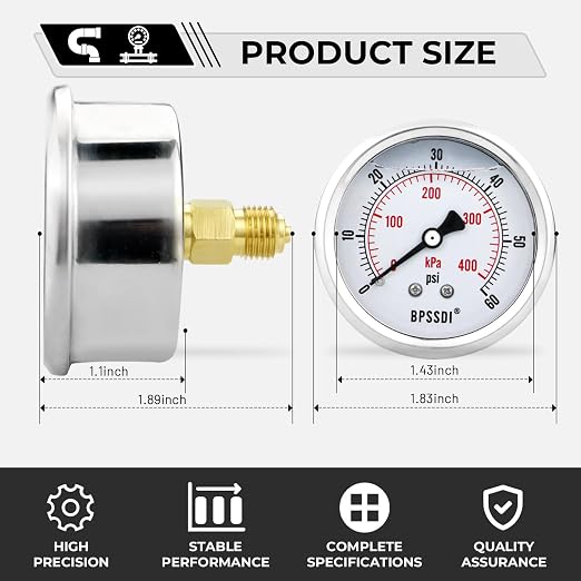 0-60 Psi Glycerin Liquid Filled Low Pressure Gauge, 2.5" Dial Size, 1/4" G Back - Image 3