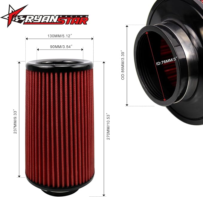 RYANSTAR RACING 76mm 3" High Flow Round Tapered Cone Cool Air Filter Cleaner - Image 2
