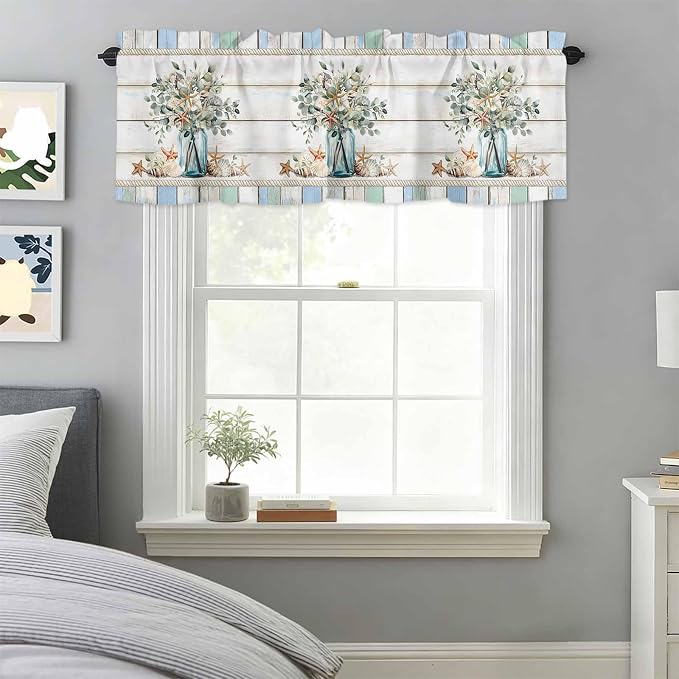 Kitchen Valances for Window, Ocean Starfish Conch Shell Eucalyptus Light - Image 3