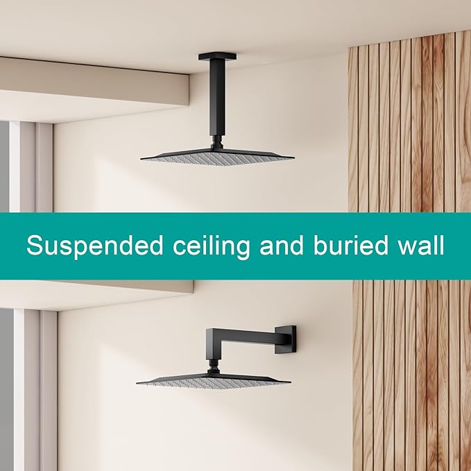 Square Rain Shower Head, High Flow Stainless Steel,Work with any decorative style，All Metal Rainfall Shower Head (Matte Black, 16)