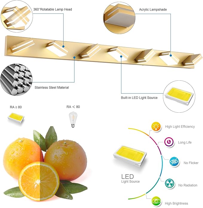 SineRise LED Modern Bathroom Vanity Light Fixtures (7-Light, 55-Inch), Gold Modern Acrylic Bathroom Wall Lighting Fixtures Over Mirror (Cool White 6000K)