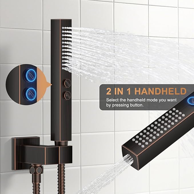 Shower Faucet Set, Ceiling Mount Shower System 12"+6" Dual Shower Head Set with 2 in 1 Handheld Spray Rain Shower Heads with Rough-in Valve and Shower Trim Kit, Oil Rubbed Bronze