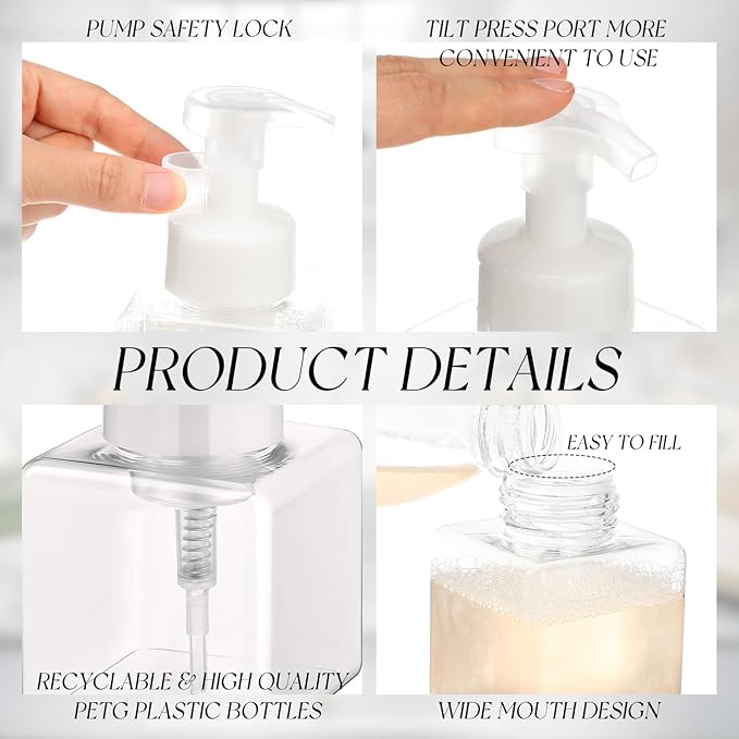 Domensi 12 Pcs Foam Pump Bottle Foaming Soap Dispenser Empty Travel Foaming Dispenser 8.5 oz Refillable Hand Soap Plastic Pump Bottle Travel Essentials Clear Container for Bathroom Vanities (White)