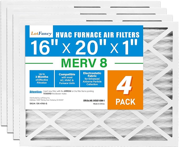 LotFancy 16x20x1 Air Filter MERV 8 4-Pack, Electrostatic Pleated Furnace & AC by LotFancy