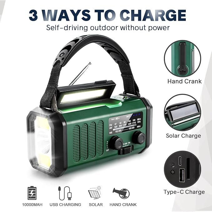10000mAh Hand Crank Emergency Radio, NOAA Weather Radio - Image 4