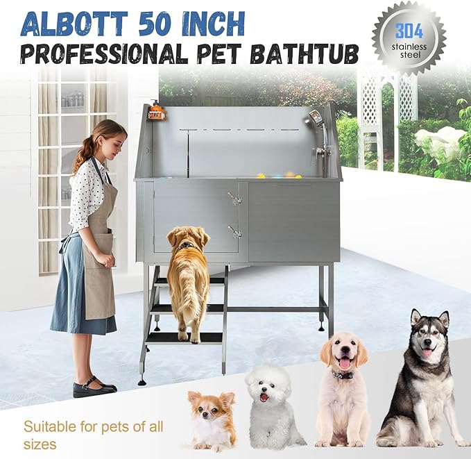 Albott 50 in Professional Dog Washing Station - 304 Stainless Steel Pet Bathtub with Stairs Features Adjustable 3-Speed Showerhead, Removable Grates, Easy to Clean, L-Size (Left)