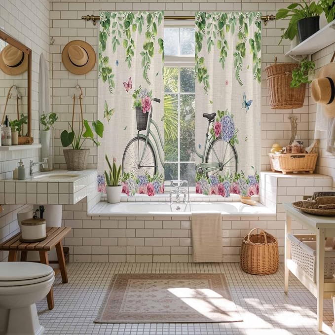 Farmhouse Spring Kitchen Curtains, Retro Bicycles Flowers Vines Butterfly Light - Image 5