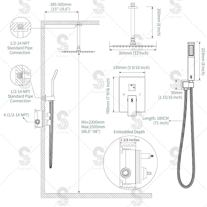 SR SUN RISE 12 Inch Ceiling Mounted Shower System Rain Mixer Combo Set Rainfall Shower Head System Faucet Trim Repair Kits Polished Chrome Rough-in Valve Body and Trim Included