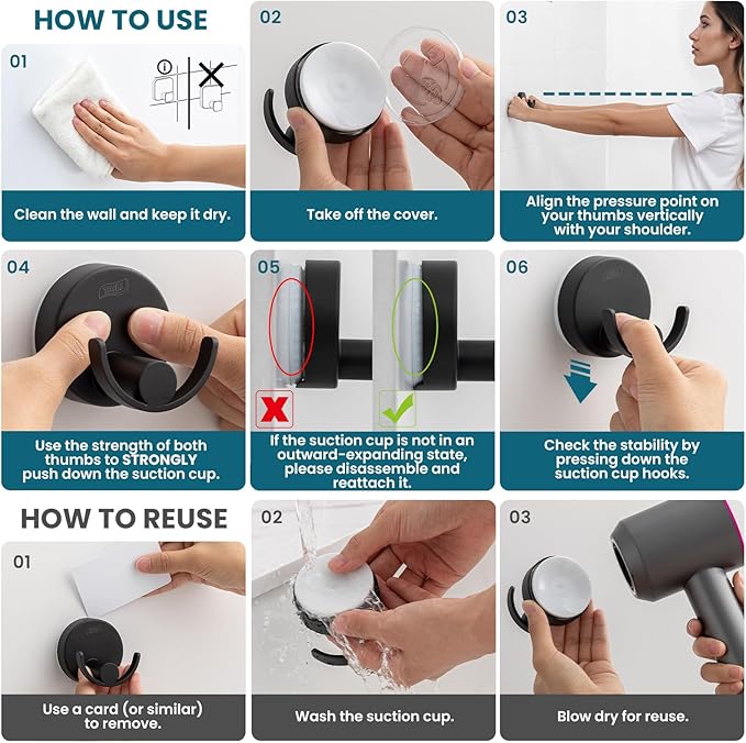 TAILI Stylish 304 Stainless Steel Bathroom Suction Hooks for Towel, Bathrobe, Loofah, No Damage Hanging Glass Shower Wall Hook, Patented Strong Suction Cup Holder, Hold Up to 11 Lbs, U-Cylinder Black