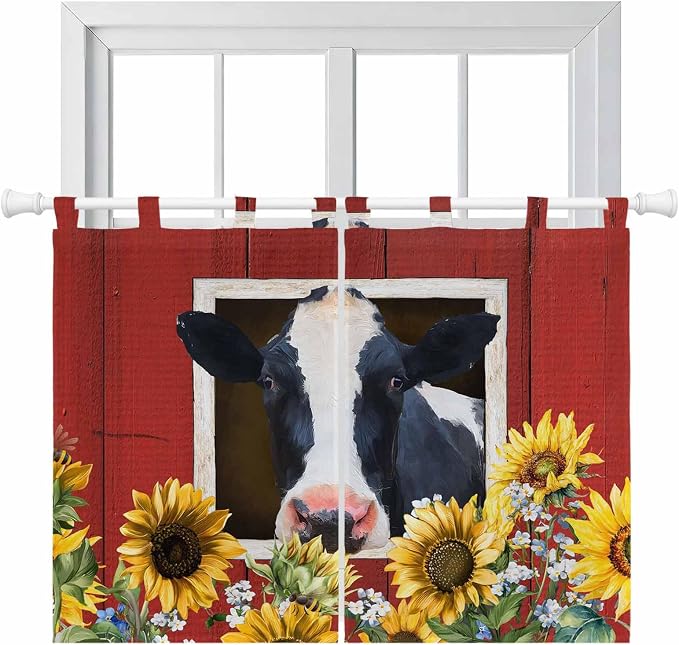 Cow Sunflowers Kitchen Curtains 45 Inch Length, Short Cafe Window Curtains Tab by Unknown