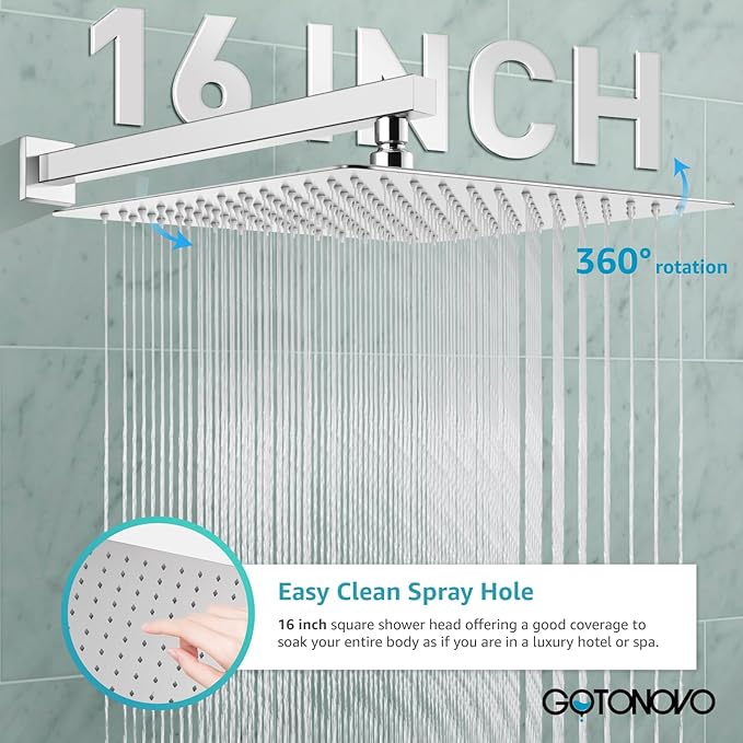 gotonovo Rainfall Bathroom Shower System Rain Shower Head and Handle Set Wall Mounted Shower Complete Combo Solid Brass Pressure Balancing Shower Mixer Valve 16 Inch Polished Chrome