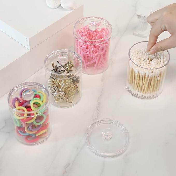 4 Pack Acrylic Qtip Holder Dispenser,Bathroom Canisters Apothecary Jar Set, Vanity Makeup Storage Organizer Set, 10 and 12 oz