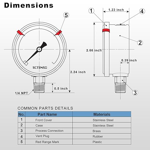 0 to 3000 Psi Pressure Gauge, Glycerin Liquid Filled, 2.5 inch Dial, 1/4" NPT - Image 6