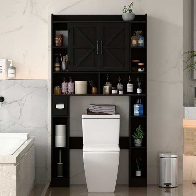 Farmhouse Storage Cabinet Over Toilet with Barn Doors，Over The Toilet Storage Cabinet, Home Space-Saving Toilet Rack, for Bathroom, Restroom, Laundry.Pure Black