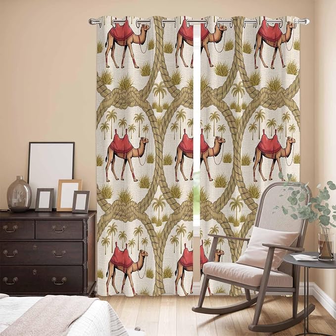 2 Panel Kitchen Cafe Curtains, Camels Palm Trees Sunlight Filtering Nature Air - Image 3